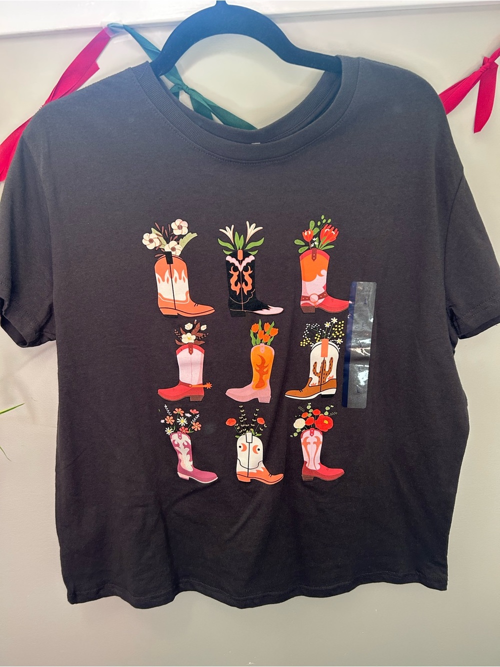 Women's Black Graphic Short Sleeve Tee - Floral Cowboy Boots
